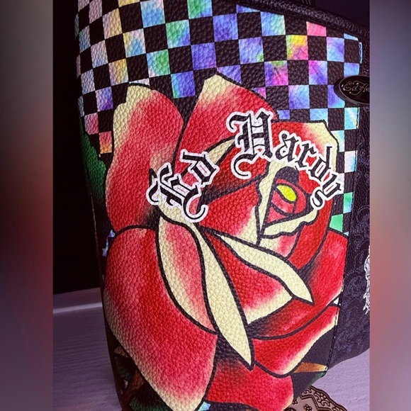 Ed Hardy Rose Skull Shoulder Bag Holographic Checkerboard Y2K - Picture 9 of 9